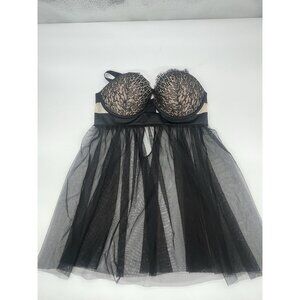 Victoria's Secret Babydoll Bra Womens 34D Black Lace Sheer Lingerie Nightie Sexy